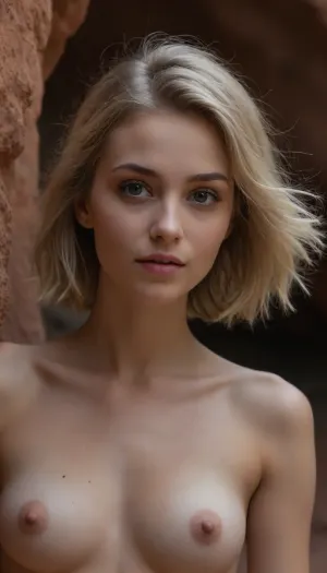 masterpiece, best quality, (ultra-detailed photorealistic nude study of a stunning young woman, mischievous girlfriend:1.3), (sensual showcase of feminine beauty, full body portrait:1.4), (sense of playfulness:1.7), (mischievous expression, playful grim, teasing eye contact:1.6), (flawless pale alabaster skin:1.1), (luxurious ash blonde hair with dark roots and subtle coppery highlights, voluminous hair, short cut swept back hair style:1.5), (soft breasts, pale breasts, small natural breasts:1.4), sharp focus on eye details, minimalist composition, subtle vignette, (dramatic cinematic lighting:1.2), (red rock landscape, slot canyon), strong key light illuminating the face, soft rim light creating separation, deep contrasting shadows, shot on Sony A7R IV with 85mm f/1.4 lens, shallow depth of field, bokeh background, professional color grading, RAW photo quality, 8k UHD, award-winning photography, striking visual contrast, insanely detailed, intricate details, natural skin texture, natural hair texture, ziprealism
