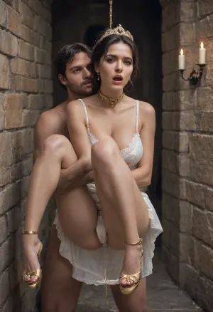 (realistic:1), queen girl in crown pissing, golden shower, dressed in nightgown, one sinful italian woman, skirt lifting, (older MILF, mature 45 year with facial wrinkles), panties are pulled down to the knees., naked, green shining eyes, open mouth, spray of urine through panties, hourglass body, very huge natural breast, long slender legs, black hair, braided bun, golden Hairband, pale white skin, pale lipstick, golden high heel pumps, Artistic belt, golden collar with bdsm_ring, Forehead jewellery, wide Anklet, wide metal handcuffs, cuffs around her legs, dark cellar Dungeon, candles, ((legs spread wide, hugging knees)), hanging up in the air, face up, hoisted, Free swinging, Hands tied upwards with chains, legs chained, one man standing, The tentacle of the man, knees woman is lifting by standing man, deep penetration, anal penetration, ejaculation, octopus., victorian, maid, <lora:xl_victorian_maid_dress-1.0:.8>