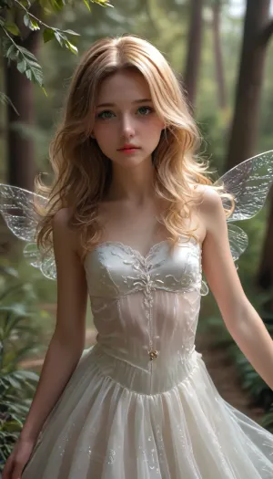 a delicate, ethereal nymph with translucent fairy-like wings unfurling from her back, casting a shimmering glow, realistic, photorealistic, highly detailed, 8K, cinematic lighting, dramatic pose, beautiful facial features, porcelain skin, flowing hair, lush forest background, magical atmosphere, fantasy, digital art, flat, chested, <lora:style_lora_realis:.8>, <lora:flat_chested_v3.5:.4>