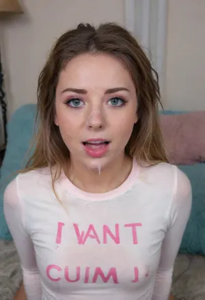 ((21yo model on her knees)), Asian, Asian euro WOMAN, woman brown hair, face, big load OF CUM on face, big swollen nipples, deep perspective, ((skinny face)), ((long messy after sex hair frames her face)), tousled hair, tits showing, blue eyes, skinny, perfect body, perfect breasts, pov, looking up at viewer, eye contact, (detailed face:1.3), ((wearing a white t-shirt with the words " I WANT CUM " in pink writing on front)), long sleeves, surprised, messy updo, showing pussy, woman, facial, cum, on, breasts, stomach, covered, in, perfect, <lora:JustCum:.5>, <lora:Facials:.5>, <lora:texta:.8>