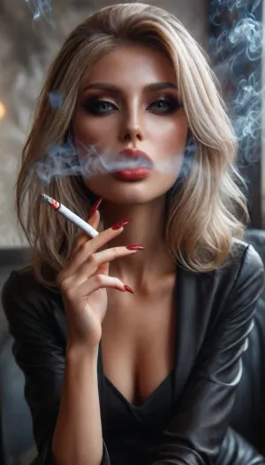 Bimbo domina with long Red stiletto fingernails, in latex, high Heels, Platinum blonde, whip, Smoking a Cigarette, filled lips, smokinglora, <lora:smoking_v2:.8>, smoking, smoke, coming, out, of, the, mouth, <lora:Smoking_Babes_XL_V2:.8>