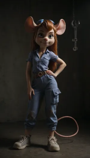 (Gadget Hackwrench from the cartoon "Chip'n Dale, Rescue Rangers"), (furry:1), (mouse:1.2), (short nose), ginger long hairstyle, (short fur), (skinny:.6), (slender body:1), (flat chests:1.3), (sweaty skin:1.2), (dirty face:1.2), (smirk), (dirty tight-fitting lilac jumpsuit:1.4), (violet tool belt:1.3), (grab a wrench), standing, ((hip side)), (hip on side), white sneakers, all body on shot, (look at view:.7), (side view:1.2), gear and in the background, <lora:dark:.4>