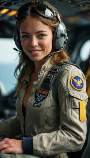US Navy Aircraft Carrier, sexy Scottish Pilot exiting the cockpit of an F35, naval pilot jumpsuit, unbuttoned, cleavage, tanned, sexy smile, <lora:add-detail-xl:.8>, <lora:MJ52:.8>