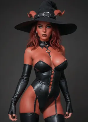 Anime style, fully clothed breasts covered, (red hair anthro red skin draenei women:1), small pointy boobs, huge puffy nipples, latex witches outfit and hat, goth, Emo, witch, <lora:SDXL Detail:.5>