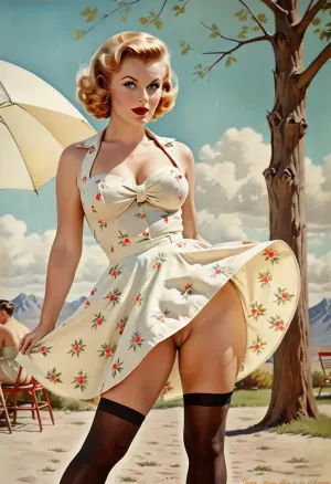 Charm vintage mozzafiato: una ragazza pin-up anni '50 in acquerello, dipinta contro il vento