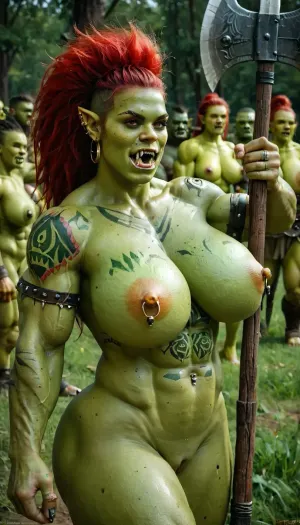 Uber realistic, 8k, ultra detailed, masterpiece, female warrior orc, naked, ((((very green skin))), muscular, huge natural breasts, very long red hairs, in a battle field, huge axe in her hand, pierced nipples, fangs out, orc fangs, sexy orc face, bigs golden nipples rings, a lot of piercings, pierced clitoris, a lot of orcish tattoos, naked, oily skin, big pussy, piercing, ring, Orc, Shaman, (Orc girl:1.3), (orc face:1.3), (green skin:1.6), axe, and, shield), <lora:crowd_notrigger:.5>, piercing, ring, <lora:nippleRing:.5>