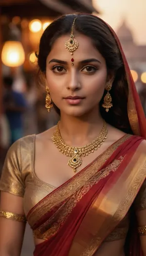 Radiant elegance, cultural portrait, ultra-high resolution, hyper-detailed, UHD grace, depth of tradition, Indian lady, adorned in a vibrant sari with intricate designs, bustling Indian market background, rich in colors and textures, beside, warm sunset glow, expressive eyes, (golden hour light:1.2), traditional jewelry and henna designs enhancing her beauty.