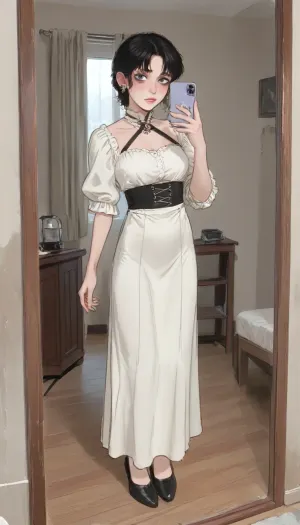 very shy elf emo girl taking a selfie on her phone in the mirror. Photo from her phone. Fantasy room, Camera slightly tilted, Curvy body, Emo makeup, Piercings, Her clothes is a revealing, medieval clothes, Black hair. Anime proportions, (ratatatat74), 90s Anime, (Outline), (cartoon), tooned, 1girl, cartoon, low color palette, sexy, painted, illustration, made in adobe illustrator, no gradients, incase style, full body, by, syd, mead, retro, flat colors, Perfect Hands, <lora:ratatatat74-000050:1.1>, <lora:outline_xl_kohaku_delta_spv5x:.5>, <lora:cartoon_stickers_xl_v1:.8>, <lora:NEOTOKIOXL_0.2_RC:.5>