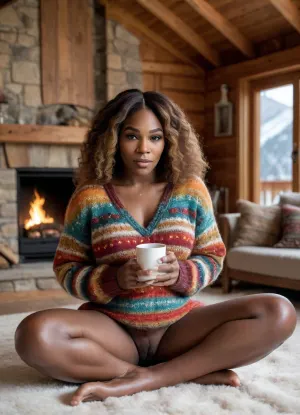 african girl, big rolled sweater in colorfull patterned wool, no panties, no pants, bottom naked, sitting cross-legged on a white furry carpet, holding one steaming cup in her hand with text "warm me", focus on shaved naked pussy, interior background of a wooden mountain chalet with a fireplace, full body, masterpiece, professional photo, ultra-detailed