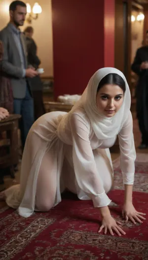 A young Iranian slut woman in a long cutout sheer white open front chador, gracefully bending forward while serving tea to her Arab male guests dressed in traditional Middle Eastern attire., ((She is on all fours:1.5)), her posture showing respect and hospitality. Subtle yet noticeable red whip marks are visible on her hands. The setting is a traditional Persian tea house with warm, ambient lighting, evoking a mix of warmth and hidden tension. Realistic cinematic rendering, highly detailed textures, and expressive emotions., diaphanous, dress, BadX, <lora:xl_diaphanous_dress-1.0:.6>, <lora:crowd_notrigger:.8>, Musl1m, Pr1nc3ss, woman, scarf, blouse, mask, <lora:Muslim_Princess:.8>