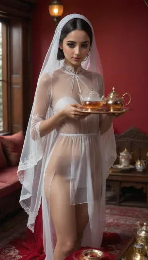 A young Iranian slut woman in a long cutout sheer white open front chador, gracefully bending forward while serving tea to her Arab male guests dressed in traditional Middle Eastern attire. She holds a tea tray elegantly, her posture showing respect and hospitality. Subtle yet noticeable red whip marks are visible on her hands. The setting is a traditional Persian tea house with warm, ambient lighting, evoking a mix of warmth and hidden tension. Realistic cinematic rendering, highly detailed textures, and expressive emotions., diaphanous, dress, <lora:xl_diaphanous_dress-1.0:.9>