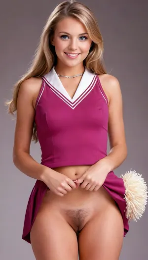 Masterpiece NSFW, 8K ultra-high resolution, ultra-high quality, (Best shots captured by professional photographers using ultra-high performance high-sensitivity cameras to capture a rich sense of reality:1.5), 18-year-old female high school student, blonde white, Brazilian, platinum golden blonde straight long hair, styled by a professional hair designer, the cutest and most popular female high school student in school, (Miss High School Girl World Championship Grand Prix winner:1.5), tall and curvaceous, firm and sensual young body with a dynamic presence, beautiful large breasts, erotic plump nipples, (beautiful symmetrical droopy eyes, beautiful colored eyes, beautiful high nose, beautiful lips, very bright, cheerful and cute smile with upturned corners of the mouth:1.5), ((Perfectly aligned teeth, dental braces)), ((Hairy pubic hair covering a wide area of ​​the crotch:1.5)), sexy hips, firm and sexy thighs, (With collar:1.5), (Sleeveless:1.5), (Wearing the highest quality cheerleader costume that combines a sleeveless shirt with a collar and a pleated skirt that fits perfectly on the glamorous body:1.5), (is clearly visible:1.5), (Fixed lifting motion with both hands:1.5), (Frontal image showing the cheerleader's very cute and attractive standing from head to knees:1.5), (Photographed in a studio sprinkled with elementary particles to create a realistic photographic effect with a rich sense of presence), A perfect metaphor for hands, playboy, magazine, cover, 1960s, 1970s, 1980s, 1990s, 2000s, skirtlift, 80spornomag, <lora:playboy_cover_SDXL_v1:.8>, <lora:skirtlift_xl:.5>, <lora:80spmagxl_v1-000002:.3>
