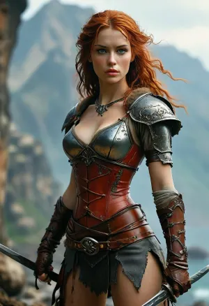 Red sonja, **Prompt for AI Image Generator, **

Create an image of **Red Sonja**, the fierce warrior from fantasy lore. She is a strong, muscular woman, standing tall with a confident, battle-hardened posture. Her body is sculpted and athletic, reflecting years of combat training. Her skin is lightly tanned, showing signs of exposure to the harsh sun of the rugged lands she roams. Her **hair** is long and fiery red, flowing wildly in the wind as though it has a life of its own. It falls in thick waves, framing her face and cascading down her back. There is a wild, untamed quality to it, as if it symbolizes her fierce, untouchable spirit. A few strands might fall across her face, adding to her intense, raw beauty.

Her **face** is sharp, with high cheekbones, piercing green eyes that gleam with determination, and full lips set in a serious, unwavering expression. Her eyes should carry a sense of both danger and wisdom. She has a few faint scars on her face, signs of her battle-hardened nature, but they only add to her allure.

She is clad in **light armor**, designed for mobility and agility, but also sturdy enough to protect her. Her **top** is made of a form-fitting leather corset with intricate designs and metal accents, offering minimal protection but allowing maximum movement. The corset is paired with a short, asymmetrical **skirt** made of chainmail and leather. The outfit should be practical for a warrior, not overly ornate, but functional and ready for combat.

Around her arms, she wears **bracers** of dark leather with engraved patterns, and her hands are gloved, ready to wield her weapons. She wears a **belt** with pouches and a sheathed **sword**, which has a long, wickedly curved blade. A small, circular **shield** is strapped to her back, adorned with a simple but elegant emblem.

In terms of **pose**, she stands in a dynamic battle-ready stance, one hand resting on the hilt of her sword, the other raised slightly as if assessing the battlefield. The background should reflect a desolate, rugged landscape—maybe a mountain range or a barren, windswept plain, reinforcing her warrior nature. Her overall presence should exude power, confidence, and the indomitable will of a legendary warrior., <lora:MJ52:.8>