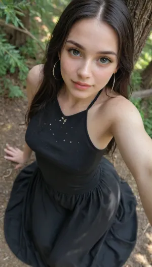 Best Award winning photo, Macro lens, a cute girl 18 year old, very cute, perfect breast, perfect body, fresh pink nipple, perfect pussy, close up pussy, (((black Long dress))), (((front high View from above from behind))), forest, front of tree, Stand close of body together, Leaning against a tree, (((standing sex position))), (((Extra white pale skin color))), Woman, (((Black hair))), very long straight hair, cute round face, Suspicious smile, climax, selfie, video call, .