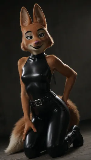 (Diane Foxington from "The Bad Guys":1.5), (fox:2), (furry:2), (slim body:1.3), (A big smile), (nose is turned), (A sly smile:1.6), perfect natural breasts, (big eyes:.5), (Closed, very detailed, (rubber:.5), Skin-tight Ninja Costume:1.2), (shiny:1.7), big free belt on waist, long legs, one hand on waist, (hip holster straps:1), (big short heavy boots:1.7), (on knees:1.5), (full view:1.5), (side angle shot:1.7), face, taking, her, bad-picture-chill-75v, CyberRealistic_Negative, <lora:dark:.4>, <lora:679571_training_data:.8>