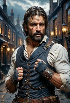Uber realistic, 8k, ultra detailed, masterpiece, victorian london, night, male, male 45 years old, steampunk fistfighter, dirty, bloody knuckles, cuts and bruises, dark brown greying beard and hair, torn, fly, down, at, _______, <lora:tornclothesv6-8:.5>, bandit, <lora:RPGBanditXL:.5>