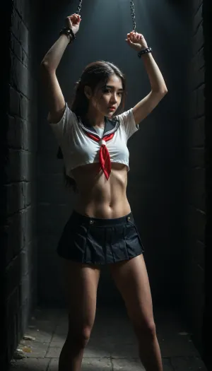 beautiful asian student standing, (wearing sailor uniform), (perky-tits:1.5), (big tits:1.5), (mini-skirt:1.5), (micro-skirt:1.5), fit body, skinny, slender, inside a dungeon, (dark room:1.5), (hands attached in the air with chains), medieval, dungeon, pr1s0n, c3ll, stylish hairstyle, dyed black long hair, kb3auty, korean, <lora:dark:.4>, <lora:medieval_dungeon_pr1s0n_c3ll:.8>, <lora:Skirt Length - SDXL_alpha1.0_rank4_noxattn_last:.5>, <lora:kbeauty__kb3auty__0_2:1>