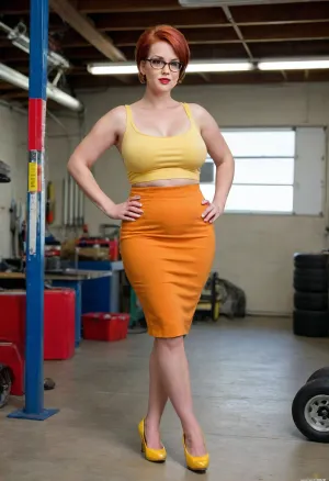 Full body, Janine Swelltitz, extremely large breasts, extremely large ass, extremely large hips, extremely thin waist, extreme hourglass figure, top heavy, bottom heavy, front heavy, back heavy, bimbo body, milf, tan skin, heavy makeup, short scarlet hair to one side, glasses, bright yellow tanktop, bright yellow shoes, orange pencil skirt, dangling gold earrings, blue necklace, in a garage