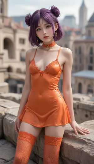 The antique muse Instagram model, dance on a stone, made of bronze, (city of Amsterdam, late evening light), Same face as character, score_9, slim kawaii girl, (fashion pose), (look at the viewer), (sexy look and slightly parted lips), (erotic look), (very submissive:1.5), (big eyes:.5), (head turns to viewer), small round firm boobs, narrow round firm butt, (small breast:.3), (small areolas:1.4), (no nipple:1.5), (oiled skin:1.1), high fashion makeup, blush on cheeks, long black eyelashes, short hair in a single buns, purple hair, (wearing medium orange thin lace mini dress and a medium orange wide lace collar and medium orange outcuted lace net stockings), (theigh focus), photorealistic, ultra HD, hight definition, 16k, 8k, 4k, ultra realistic, DSLR, HD, UHD 8K, extreme realism, maximum detail, photo, of, eyes, shuna_tensura, <lora:Shuna-tensura-xl:.8>