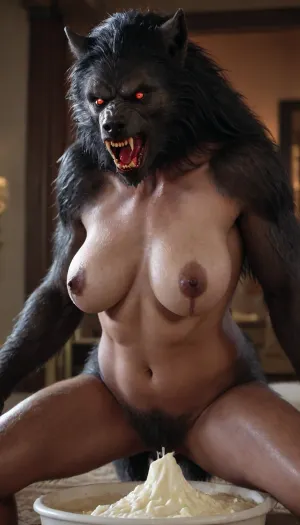((black Werewolf)), massive knotted werewolf penis, red eyes, doggystyle sex, beautiful warrior woman, rough sloppy sex, primal mating, cum inside, growling, moaning and drooling from the mind melting orgasm, big full milking boobs, ((squeezing self tits hard, milk dripp from nipples)), modern-werewolf, <lora:Modern_Werewolf:.8>