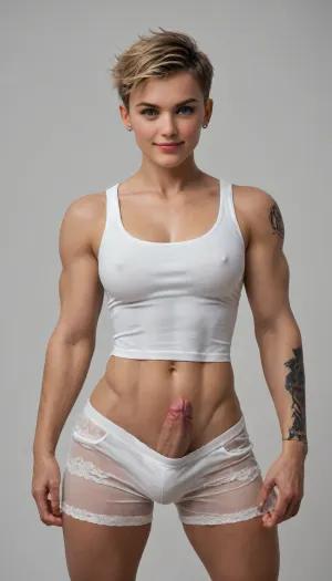 tall, (futa tomboy), tight white tank top, hourglass body shape, lace boyshorts, erection under clothes, penis peek, evil smile, slender, (muscular:1.8), very short spikey blonde pixie cut, left arm barbed tattoo sleeve, plain dark background, <lora:bulgev1-beta:.8>, <lora:EnvyTomboyXL01:.8>