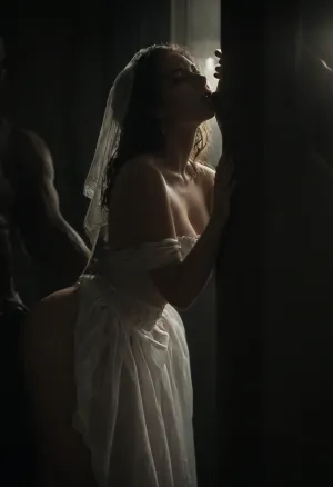 interracial, dark room, black walls, black curtains, no electricity, no light, dark night, moonlight rays, ambient lighting, window, night, bent forward, huge black brutes fucking her doggystyle, wedding dress, huge size naked black brute, orgasm., glowingdust, bokeh, <lora:dark:.6>