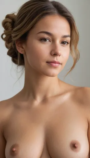 A young woman, light-skinned and appearing to be in her late teens or early twenties, is the central subject. She is positioned in the upper center of the frame, and angled slightly downward. The woman's hair is light brown, and her gaze is directed downward and slightly to the right. Her facial expression is pleasant, with a gentle smile. She is naked, her breast at average size. She has a medium build and is wearing no other accessories. The background is a plain, bright white, and the lighting is natural and evenly distributed, with soft highlights on her face and upper body. The perspective is a slightly high-angle, self-portrait style shot, with the camera looking down on the subject. The composition is simple and direct, focused on the woman and her attire. The overall atmosphere is casual and friendly.