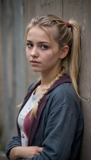 dirty homeless woman beautiful blonde 18 years old with ponytails woman, lewddungeon, background walls, breastclamp, <lora:breastclamp_SDXL_reg0_03s:.5>