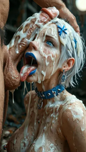 (rem from re zero), super huge penis pressed against face, insane detailed face, smeared make up, pretty face, horny, embarrassing, tongue out, drooling, naked, large breast, nipple piercing, collar tag, massive veiny penis, huge veiny testicles, penis cover eyes, hand on womans head, extremely sweaty skin, lipstick mark on penis, cum leak from nose and mouth, excessive cum, cum covered, cum everywhere, cum on hair, cum on face, cum leak from mouth, cum on shoulder, cum on breast, cum on back, cum on ass, spilling cum, extreme cum play, wasteland, night, super long toungue, frog toungue, super long toungue twisted around the dick, super long toungue around the dick, blue lipstick, stray pubes on mouth, stray pubes on face, <lora:MJ52:1>