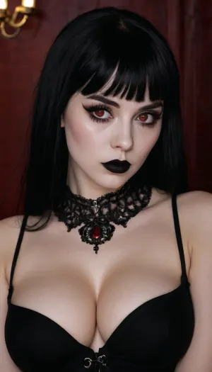 L'esthétique du gothique : une étude en contrastes

- Oui.

Dans l'obscurité d'une cathédrale gothique, une figure vêtue de noir émerge. Sa peau pâle brillait contre la pierre sombre, ses petits yeux, noir-rouge foncé et jétueux, perçaient les ombres. Avec des bangs encadrant un nez parfait, elle portait un lourd eyeliner noir et un rouge à lèvres noir audacieux. L'image ultra-détaillée d'elle a été rehaussée par le maquillage de Stable-Yogis-Enhancer-XL, révélant chaque courbe - réelle ou fausse. Pourtant, la froideur de son expression parlait du cynisme d'une pute, contrastant nettement avec la sexualité de sa pose sexy.