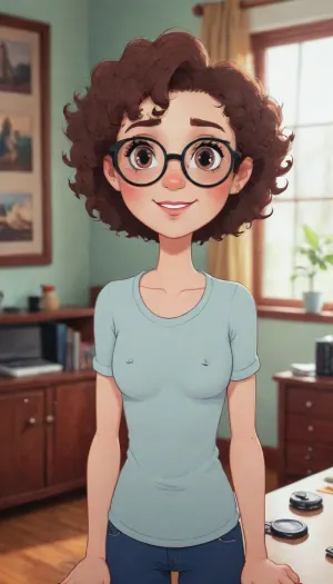 PEOldCartoonStyle, flat Cartoon, <lora:PE_OldCartoonStyle:.8>, Skinny short woman, small tits, curly hair, glasses, piercing, <lora:nipplePiercing-v1:.8>