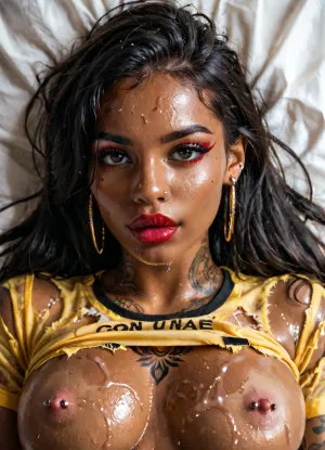Colombian woman, big black eyes, fit body, golden skin, tanned skin, brown skin, lubed body, oily body, shiny skin, abundantly tattoos, straight black hair, red lips, big lips, full lips, red line face painted, yellow shirt, soccer shirt, blue shirt details, red shirt details, shirt torn above the boobs, wet shirt, small nipples, pink nipples, piercing nipples, piercing boobs, piercing tits, small areola, pink areola, fake boobs