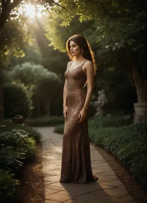 Persian-style layout. Her body faces forward, head turned slightly to the side, hands relaxed by her thighs. The filtered morning light streams through leaves, creating organic patterns on her body. The symmetry of the garden and the elegance of her posture echo a classical Persian miniaturist balance.
Lighting, Morning sun, diffused through foliage.
Mood, Serene, calm, organic elegance., BadX, <lora:add-detail-xl:.8>