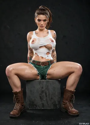 1 Woman, Looking front, Strait hair, Shiny reflect on hair, Mid short hair, brown hair, Ponytail hair, Perfect breast, Breast appeared within shirt scratches, Subtle breast skin trough scratches, Mercenary, Ripped Off and dirty white sport tank top, green Mini shorts scratched and shredded, White lace thong appear under shorts, Full body view, Black background, tattoos on both arms, brown leather belt, Military boots, big lips, chr1stym5ck, 1woman, biting, own, lip, biting lower lips, <lora:Christy_Mack:.5>, <lora:384729_training_data:1.1>, sweat shirt, horny look, cameltoe, ripping shirts off barehanded savagely