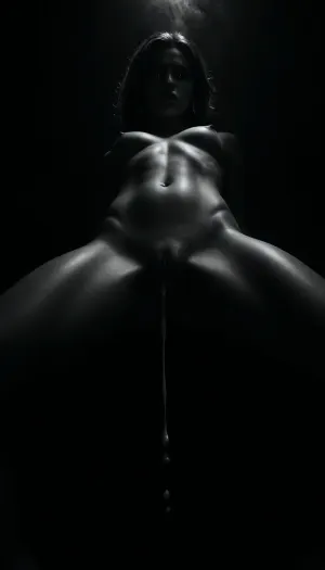 (masterpiece, best quality, photorealistic), ((monochrome:1.6)), ((black and white only:1.5)), ambient void lighting, deep shadowed black room with no walls, pure negative space woman standing fully nude in the center, legs slightly apart, posture still and powerful, ((cum-slick pussy dripping slowly:1.6)), thighs streaked, fluid trailing toward the floor, ((smoke billowing gently from her skin:1.6)), rising in soft strands from her shoulders, belly, and cunt, glowing faintly in contrast, ((eyes glowing deep red:1.5)), locked forward, calm and haunting—gaze of something no longer human skin glistening with sweat, body still trembling from recent orgasm, mouth slightly open camera positioned low and frontal, focused on the glistening between her thighs, the smoke rising, and her burning stare atmosphere dead silent, sacred and violated—she is the altar, the flame, and the ash, ((selective color, red)), <lora:ral-chrosc-bw:1>, <lora:dark:1>