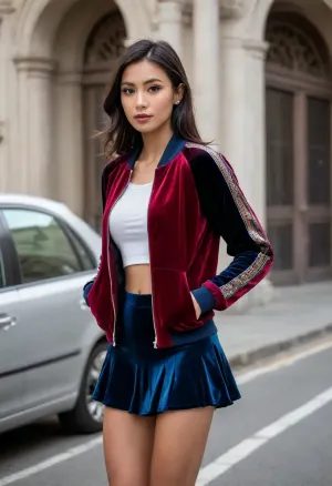 Skinny 30yo filipino woman, raven black hair, outdoors on a busy public place, (she wears contrast colored detailed velvet luxury track jacket, jacket half opened, plain cotton fabric undershirt, short skater skirt:1.5), firm perky breasts, detailed face, detailes eyes, perfect hands, earrings, jewellery, flat midriff, she rides a skateboard