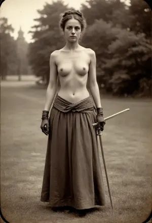 Timeless grace: a long shot of a victorious victorian duelist in grainy outdoor tintype