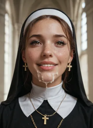 score_9, score_8_up, score_7_up, 1girl, nun, solo, realistic, facial, cum, looking_at_viewer, habit, brown_eyes, nose, lips, freckles, portrait, smile, teeth, eyelashes, parted_lips, tears