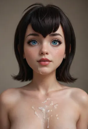 (mavis from hotel transylvania), blushing, topless, cum all over boobs, cum covered boobs, excessive cum on boobs, high resolution, lots of details, high level of detail, upper body, closeup