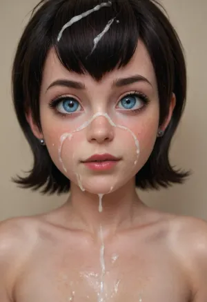 (mavis from hotel transylvania), blushing, topless, facial, cumshot, cum all over face, cum covered boobs, excessive cum on boobs, high resolution, lots of details, high level of detail, upper body, closeup