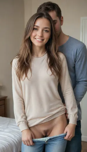 19 yo American girl, cute, skinny, slender, not so tall, ((light brown wavy long hair with extensive highlights)), large sad eyes, petite, upturned nose, red nose tip, nice full lips, (reddish tan:1.4), she is smiling and happy, perfect teeth, (blush), She has a casual and friendly demeanor, and happy expression, ., she has a happy expression, (she is wearing a shirt . Her boyfriend is standing behind her kissing her neck and feeling her body from behind her back. Her jeans and panties are pulled down to just enough to reveal her hairy vagina), Her vagina is the center of the image, and, (((she is facing forward))), .she is in her bedroom. She is slim . The man’s eyes are closed . He is wearing pajama pants and a sweater. He has short hair, She has a very long pearl necklace, prominent circular earrings, slender figure detailxl

long, hair, dynamic, <lora:verylonghairv2:.8>, i
