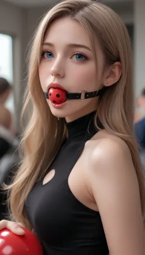 A beautiful girl with very long blonde hair with brown lowlights, blue eyes, and tanned skin wearing a short skin tight dress holding hyperrealistic flowers from the side. She has a perfect body, photo realistic. Shes standing caring and loving and skinny. Her mouth is open and drooling, Her lips are stretched around a red ball gag, (ball gag:1.5), She looks like a person in real life with a matte photo effect, subtle use of shadows, and a pale color palette. This is a realistic, hyper-detailed portrait created using realistic art techniques, resulting in a photorealistic slim thick full body. Realistic, 4K profile picture with woman standing showing off body from the side. Very realistic so no one can tell it’s not a real life picture taken. Real enough to look like human on earth. Holding beautiful flowers, showing off real life thick bottom from the side., strapless, tube, bodycon, ball, gag, spider, bit, ring, <lora:Plain_tube_dress:.8>, <lora:EnvyZoomSliderXL01:1.3>, <lora:gagged-4e:.7>, <lora:403324_training_data:1>
