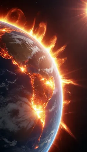 Space, planet Earth, Solar flare covering the Earth, The Earth is on fire, ultra realistic image, 8K
