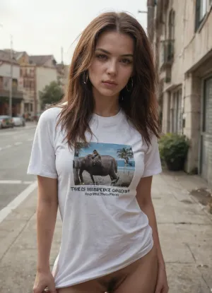score_9, score_8_up, score_7_up, 1girl, female_pubic_hair, pubic_hair, solo, realistic, long_hair, shirt, excessive_pubic_hair, outdoors, t-shirt, bottomless, looking_at_viewer, photo_background, white_shirt, day, print_shirt, standing, brown_hair, holding, cowboy_shot