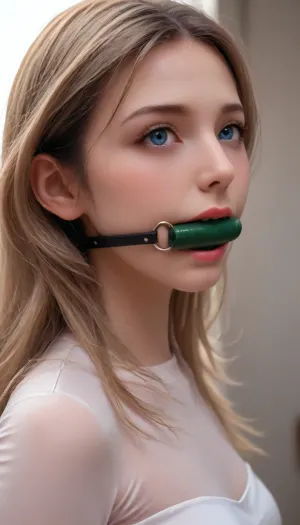 A beautiful girl with very long blonde hair with brown lowlights, blue eyes, and tanned skin wearing a short skin tight dress holding hyperrealistic flowers from the side. She has a perfect body, photo realistic. Shes standing caring and loving and skinny. Her lips are stretched around a red bit gag, (bit gag:1.5), She looks like a person in real life with a matte photo effect, subtle use of shadows, and a pale color palette. This is a realistic, hyper-detailed portrait created using realistic art techniques, resulting in a photorealistic slim thick full body. Realistic, 4K profile picture with woman standing showing off body from the side. Photorealistic, Holding beautiful flowers, showing off realistic thick butt, from the side, strapless, tube, bodycon, ball, gag, spider, bit, ring, <lora:Plain_tube_dress:.8>, <lora:EnvyZoomSliderXL01:1.8>, <lora:gagged-4e:1>
