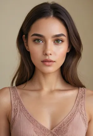 The young woman has a delicate, symmetrical face with soft, feminine features. Her eyes are large, almond-shaped, and strikingly expressive, with a bright light green or hazel color that draws immediate attention. Her eyebrows are naturally thick, well-shaped, and slightly arched, framing her eyes beautifully.

She has a straight, narrow nose that complements the overall balance of her face. Her lips are full and well-defined, with a natural pink tone, giving her a youthful, fresh look. Her cheekbones are high and subtly pronounced, adding an elegant contour to her face.

Her skin tone is clear, smooth, and fair, with a slightly warm undertone. She wears her dark brown, almost black hair in a loose side braid, with a middle part, allowing soft strands to frame her face naturally. Her overall expression appears calm, natural, and slightly ethereal.

She has a slim neck and shoulders, visible due to her sleeveless green top, enhancing her delicate and graceful appearance.