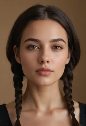 ealistic woman, portrait, very real photoshoot, young woman has a delicate, symmetrical face with soft, feminine features. Her eyes are large, almond-shaped, and strikingly expressive, with a bright light green or hazel color that draws immediate attention. Her eyebrows are naturally thick, well-shaped, and slightly arched, framing her eyes beautifully, She has a straight, narrow nose that complements the overall balance of her face. Her lips are full and well-defined, with a natural pink tone, giving her a youthful, fresh look. Her cheekbones are high and subtly pronounced, adding an elegant contour to her face, Her skin tone is clear, smooth, and fair, with a slightly warm undertone. She wears her dark brown, almost black hair in a loose side braid, with a middle part, allowing soft strands to frame her face naturally. Her overall expression appears calm, natural, and slightly ethereal, She has a slim neck and shoulders, enhancing her delicate and graceful appearance, short haircut, big lips, very sweet face, back view with face looking on me, cute view realistic and detailed, skinny butt, small ass, fit, small waist, skinny body, 18 years old, small tits, small boobs, butt, bdsm, fetish, kinky, kink girl, very skinny body, sweat, sweat body, sweet girl