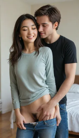 19 yo, ((Asian girl)), cute, skinny, slender, not so tall, long hair, she is smiling and happy, perfect teeth, She has a happy expression, Best quality., she is wearing a shirt . Her boyfriend is standing behind her kissing her neck and feeling her body from behind her back., (Her jeans are pulled down to just enough to reveal her hairy vagina), Her vagina is the center of the image, and, (she is facing forward), .she is in her bedroom. She is slim . The man’s eyes are closed . He is wearing pajama pants and a sweater. He has short hair, brown, perfecteyes, <lora:PerfectEyesXL:.8>
