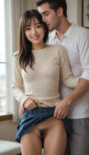 19 yo, ((Asian girl)), cute, skinny, slender, not so tall, long hair, she is smiling and happy, perfect teeth, She has a happy expression, She has a casual and friendly demeanor, and happy expression, slim figure, ((she is wearing a skirt)), . Her naked, (((hairy))), vagina is the center of the image, and she is facing forward . She has significant pubic hair. A tall man is behind the girl, standing very close., (((He is lifting her skirt to just barely reveal her naked hairy vagina.)), She is wearing a sweater and skirt. The man’s expression is sexually aroused and happy, . He is wearing pajama pants and a sweater. His face is visible and he is kissing her ear. He has short hair., <lora:skirtlift_xl:.6>)