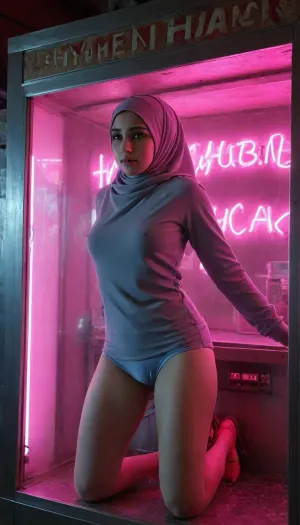 (18yo girl stuck in a display case of a vending machine:1.1), (she is wearing a hijab), (muslim girl), (reaching through round hole inside glass box), (neon sign that reads "Hijab Hymen Hijack":1.5), (slot for payment:1.2), (stuck in a hole in a glass box:1.2), (stuck with upper body in a round metal opening:1.1), (upper body blurred behind dirty glass:1.3), (glorywall), (straight legs:1.2), (locked in), (round metal clamp around her waist), (thick metal ring separating her lower body from her upper body:1.3), (blue neon light inside glass case:1.1), (standing with wide spread legs), (pink nylon thigh high stockings and plateau platform high heels), (gaping asshole), (upper body disappearing into a round metal hatch in the glass), (head behind textured glass:1.1), (line of vending machines), (pedestrians), (filthy street), (vending machine), (glass cabinet on a public street), (bustling public street:1.1), (outside), (sweaty), passersby, GapingAssholesAllFourQuiron, pose, all, fours, from, spread, ass, distortions, behind, the, glass, a, ac_neg1, <lora:274730_training_data:1.8>, <lora:SDXL1.0_quiron_GapingAssholesAllFour_v5.1p_Lora:.6>, <lora:SDXL_Glass_Sa_May_V1:.8>